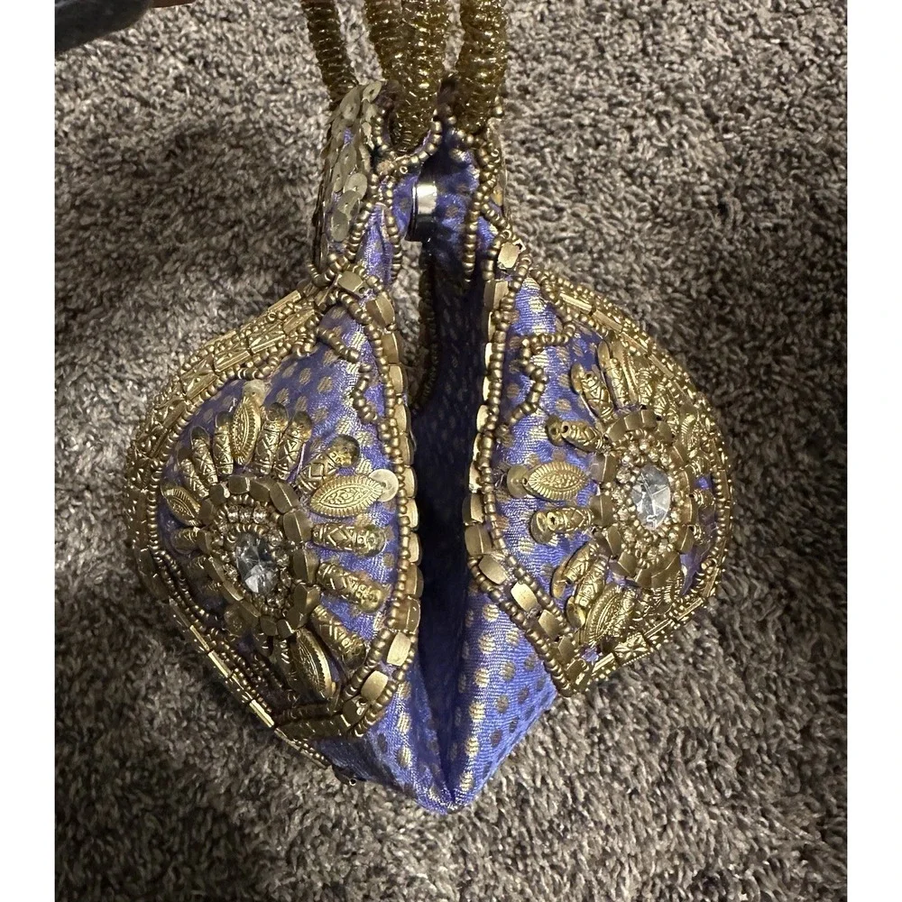 Fortune Cookie Bag Purse Wristlet Blue/Purple w/ Gold color Beads w/ Embroidery